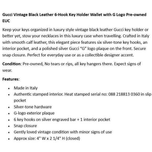 Gucci Vintage Black Leather 6-Hook Key Holder Wallet with G Logo Pre-owned EUC - Picture 2 of 6